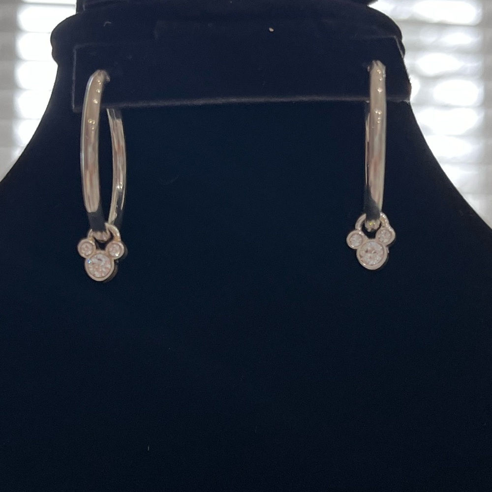 Sterling Silver 925 Hoop Earrings with Mickey Charm Faux Diamonds